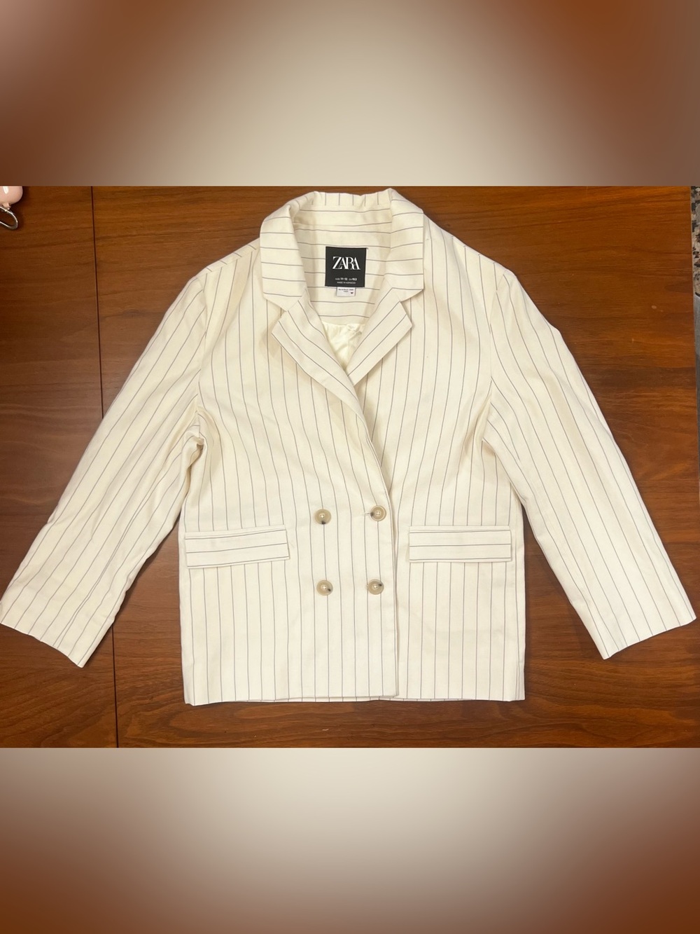 Zara Cream Blazer with Thin Navy Pinstripes